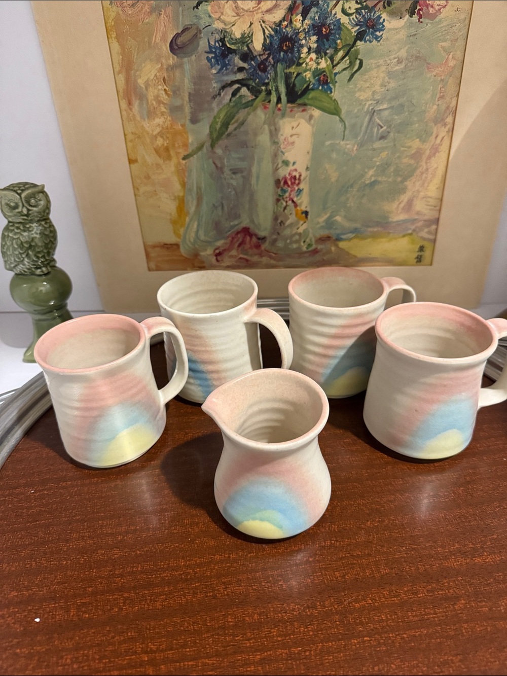 Artisan Wheel Thrown Ceramic Pastel Rainbow Mug Set with Creamer
